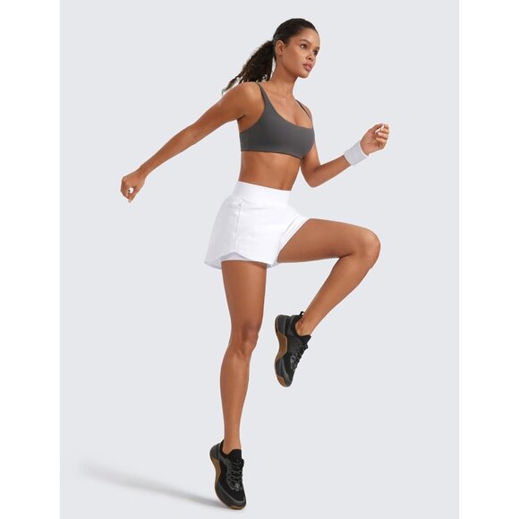 Women's Double Layer Running Shorts High Waisted Zipper Pockets - Picture 3 of 5